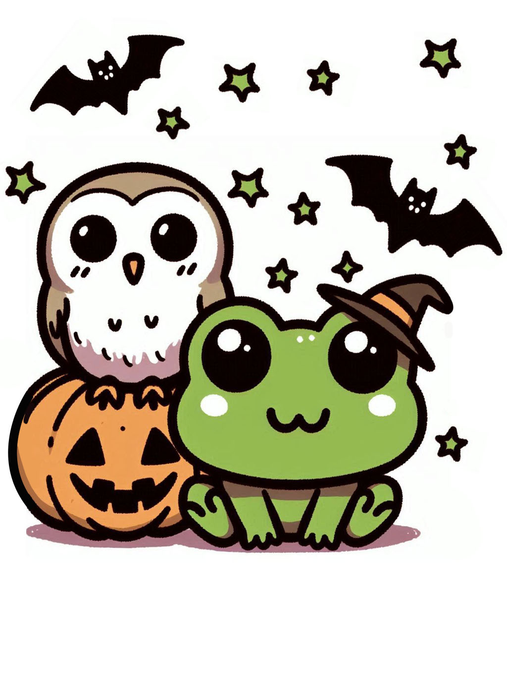 halloween frog drawing ideas feature a charming frog with a witch's hat accompanied by an owl on a jack-o'-lantern surrounded by bats and stars.